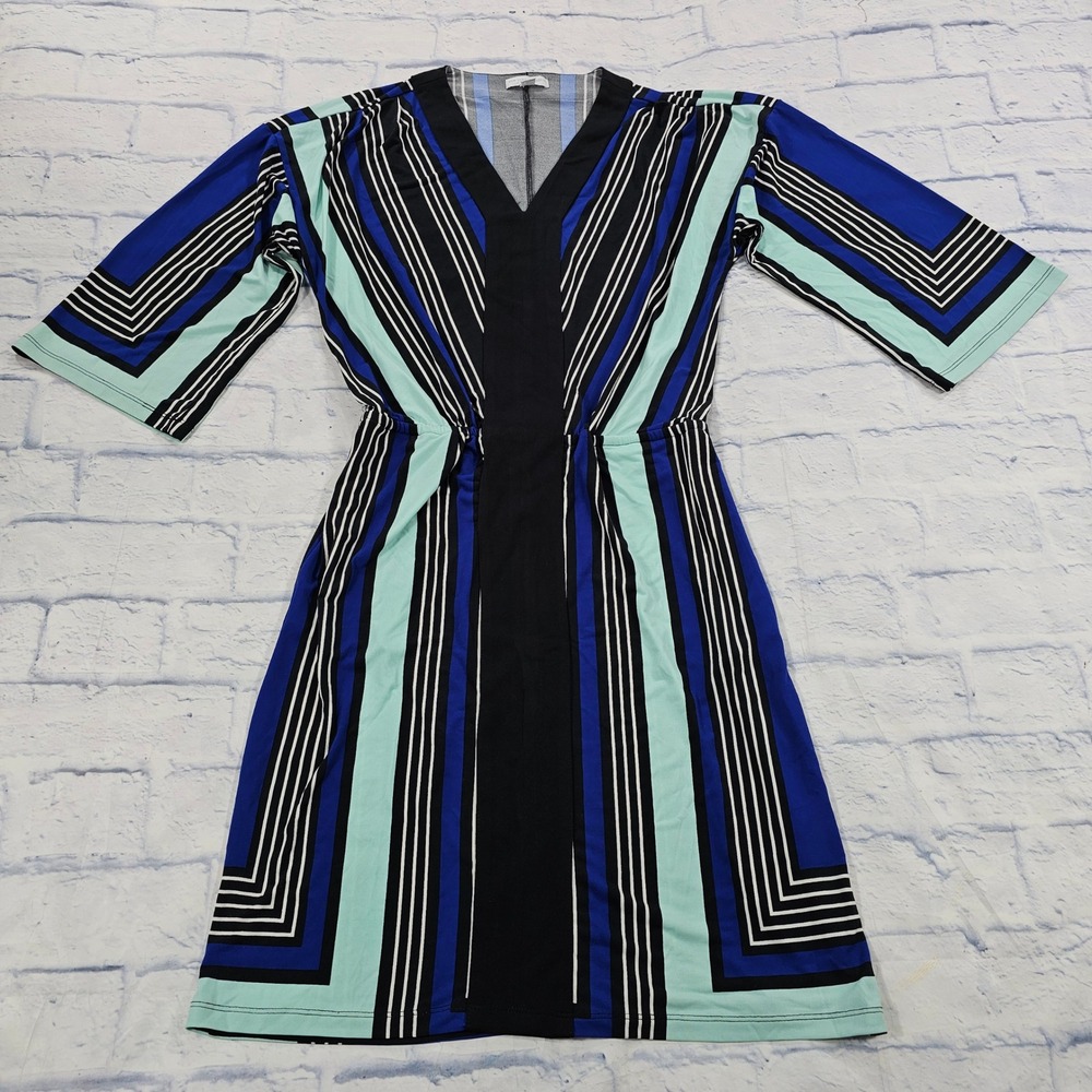 New York Company Dress Womens S Blue Geometric Stripe V-Neck Stretch Mod Sheath